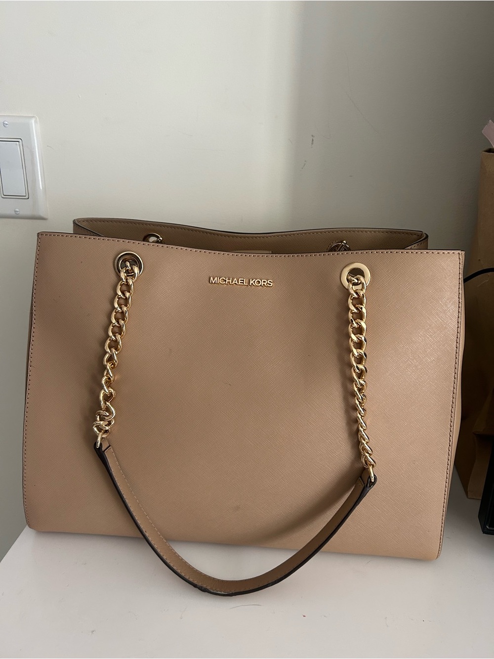 Michael Kors Tan Saffiano Leather Tote with Gold Chain Handles